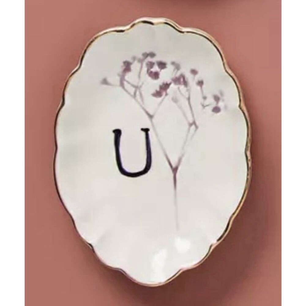 Anthropologie Botanical Monogram U Trinket Dish Ivory Purple Floral New In Box